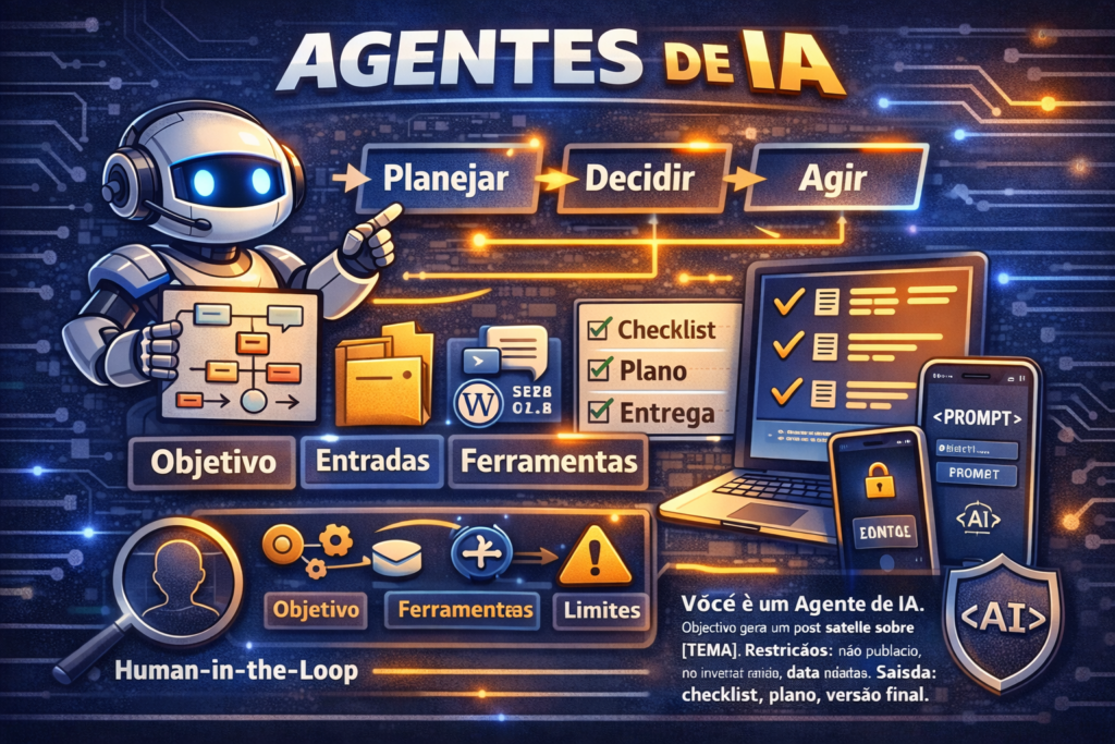 Banner sobre agentes de IA com robô e etapas planejar, decidir e agir.