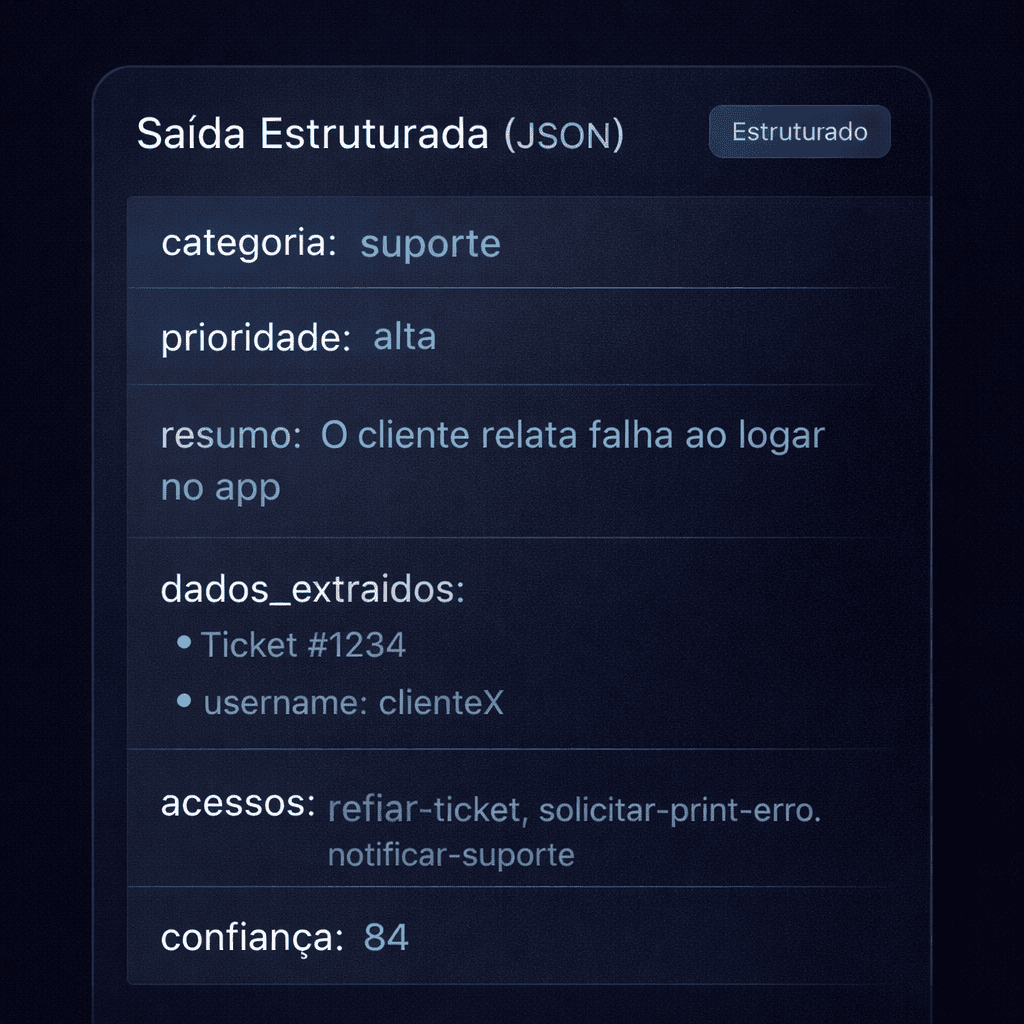 Infográfico de saída estruturada em JSON com campos como categoria, prioridade, resumo, ações e confiança.