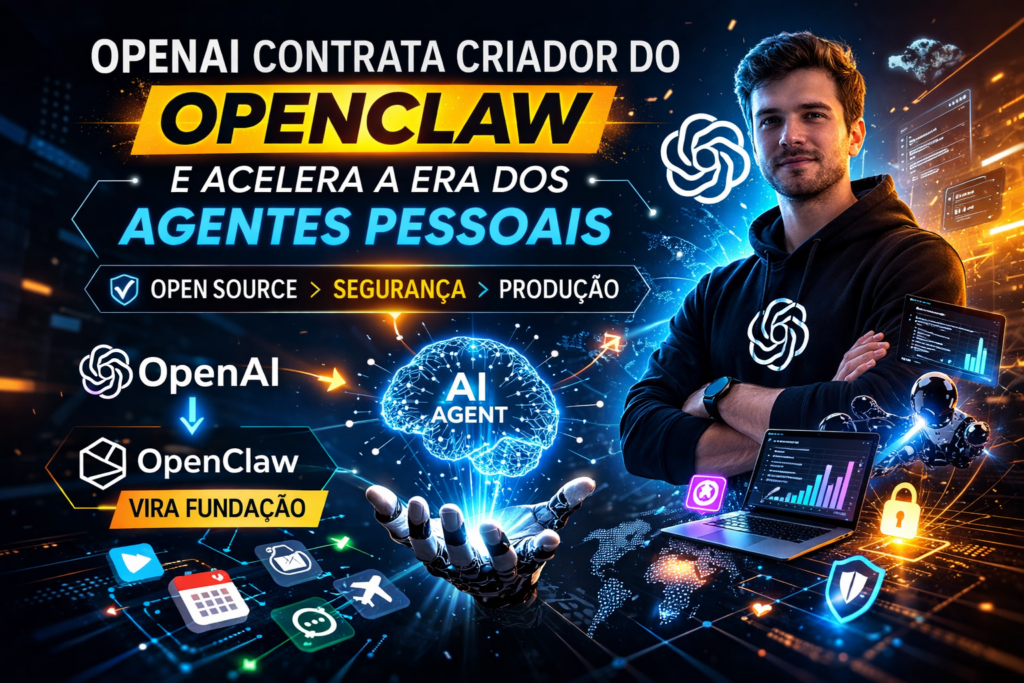 o mais importante (Rank Math): Ilustração de notícia sobre a OpenAI contratar o criador do OpenClaw, destacando a nova era de agentes pessoais de IA
