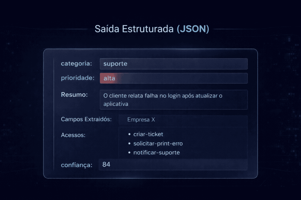Mockup com estrutura de resposta do agente em formato JSON destacando campos obrigatórios.