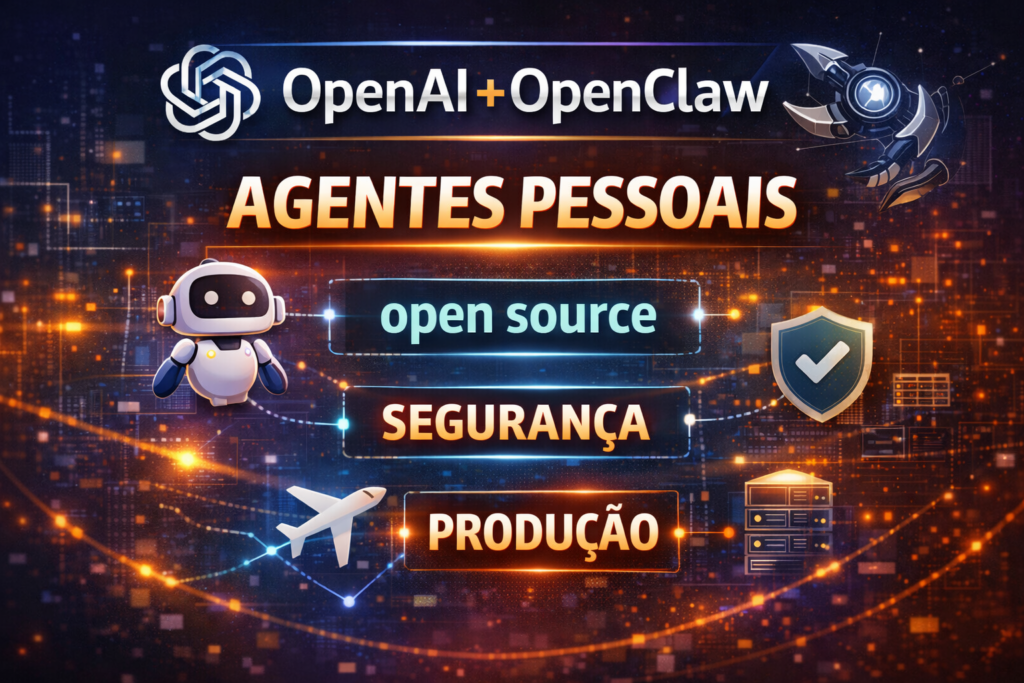 Infográfico sobre OpenAI + OpenClaw destacando agentes pessoais de IA e a sequência open source, segurança e produção